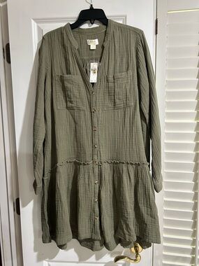 Anthropology Maeve Olive Green Button-Front Gauze Dress